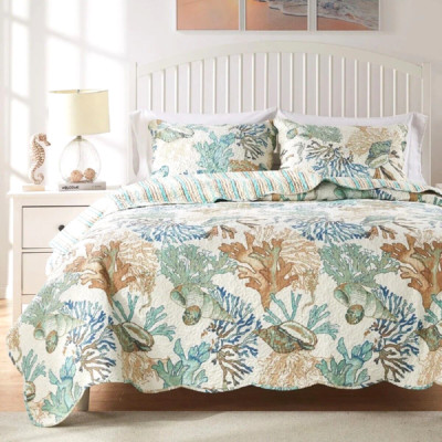 Coastal Quilt Set Blue Brown Green Sea Shell Queen Reversible Bedding Cover