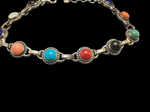 925 Silver Multi Gemstone Southwest Link Bracelet 8” Adjustable NWT QVC - Picture 7 of 11