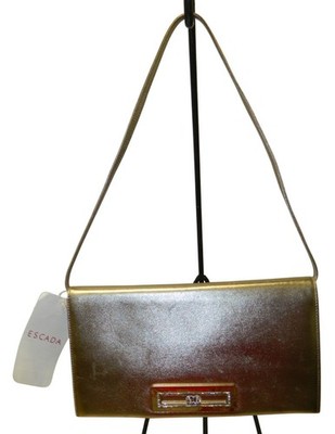 Vtg Escada Gold Metallic Leather Shoulder Bag With Rhinestone Detailing
