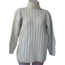 Vintage Aran Cable Knit Oatmeal Turtleneck Sweater Medium Cozy Cottagecore Style