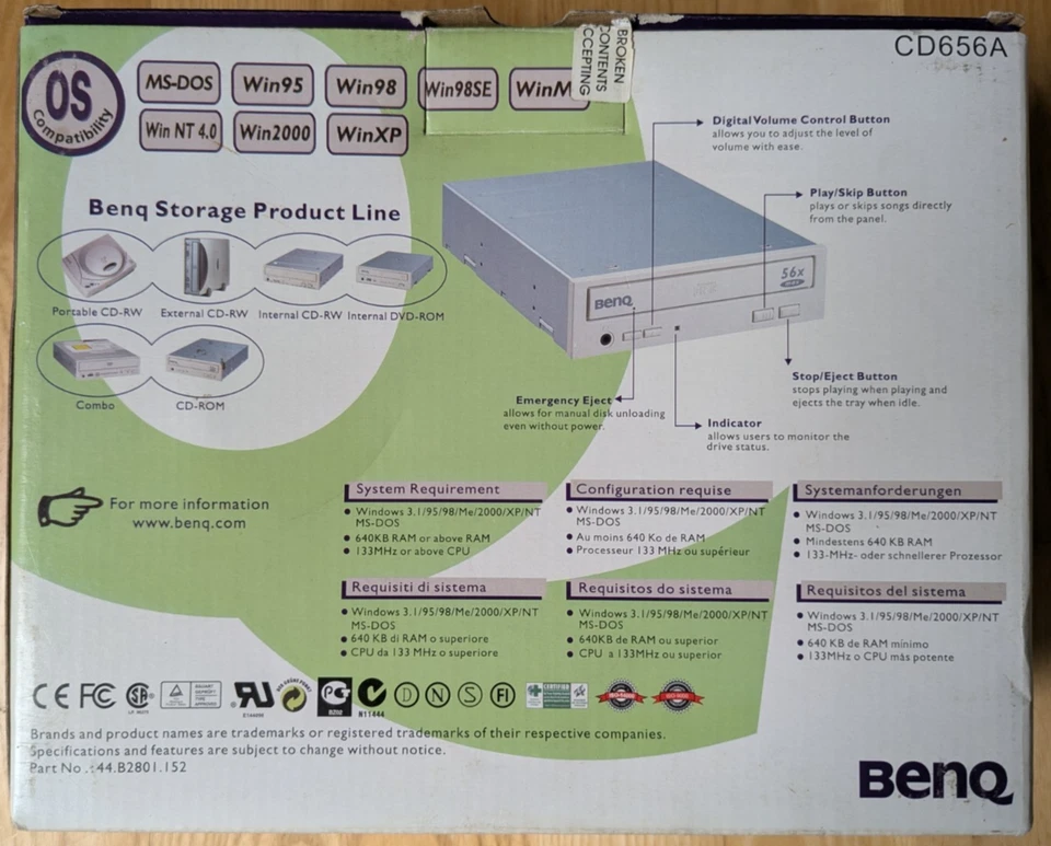 BENQ 656A 56X Max Internal CD Rom Drive (AUX, Volume Control, Beige) New In Box - Image 2 of 4
