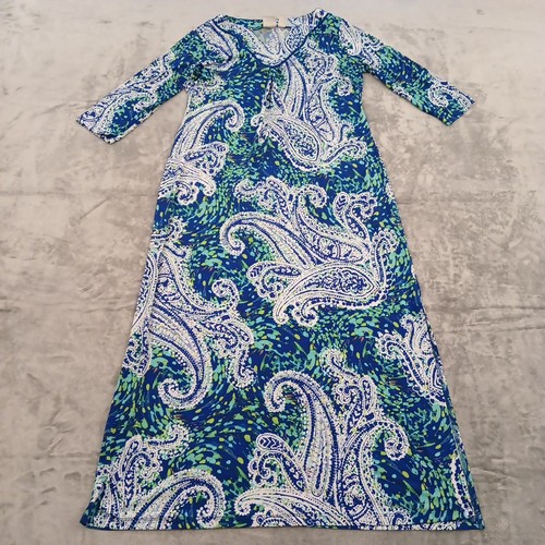 Chico's Dress Size 1 Blue Paisley Long Slit Pullover 3/4 Sleeve