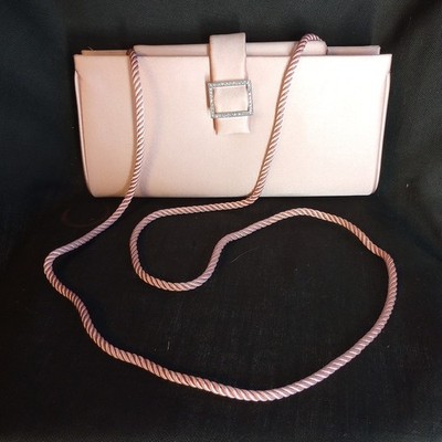 VINTAGE TALBOTS WOMAN'S SHOULDER CLUTCH BAG PURSE Pink Satin Rhinestone Buckle