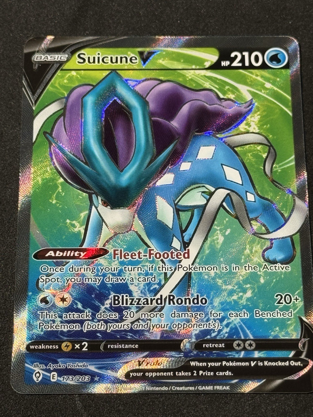 Suicune V - 173/203 - Pokemon Evolving Skies Sword & Shield Full Art Card NM