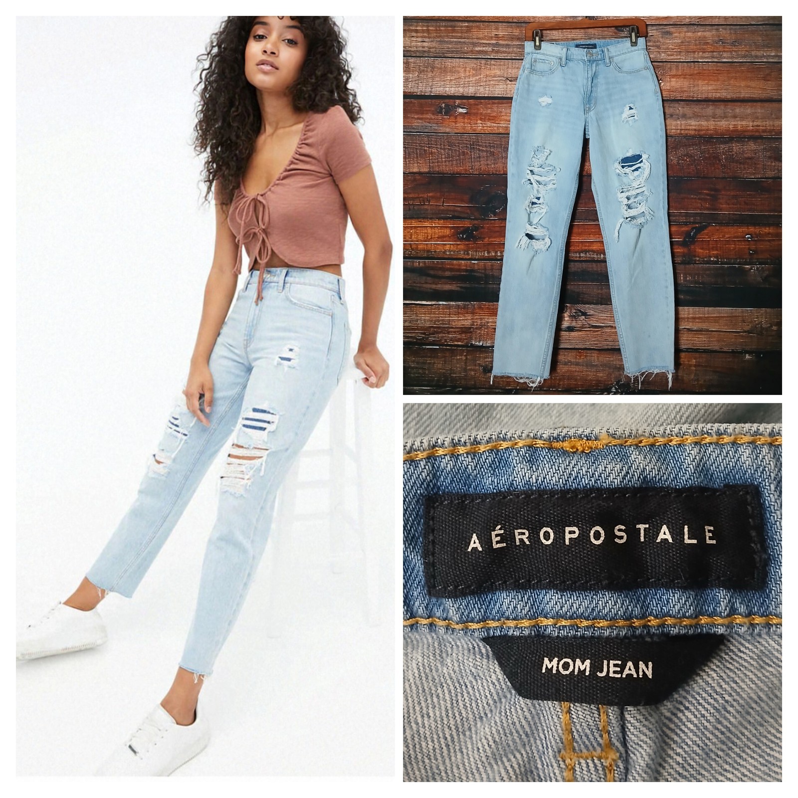 Aeropostale Jeans Size 2 Mom Jean Rip Repair Distressed Blue Denim