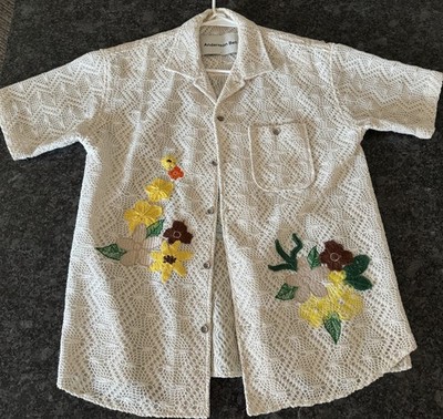 Andersson Bell Men's L White Cotton Lace Embroidered Floral SS Button-Up