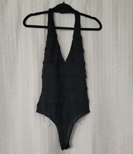 NWT Lulus Ruffled Lace Bodysuit Halter Top Plunge V-Neck Thong MED