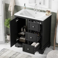 30-Inch Bathroom Vanity Cabinet w Ceramic Basin, Adjustable Shelves & 3 Drawers