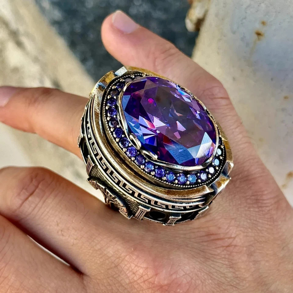 Anillo grande de amatista de plata 925, anillo de amatista púrpura natural profundo para hombre Foto 2 de 4
