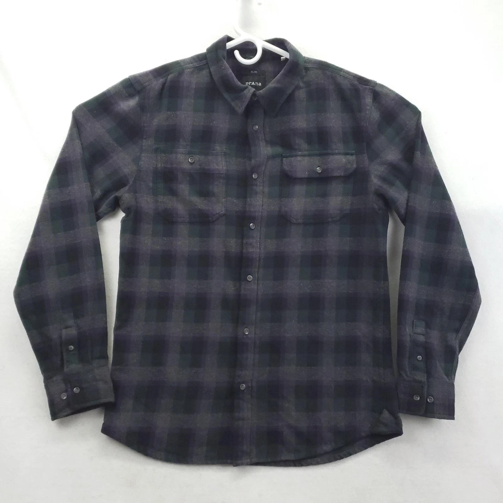PrAna Shirt Mens Large Green Purple Plaid Flannel Long Sleeve Button Up Slim Fit