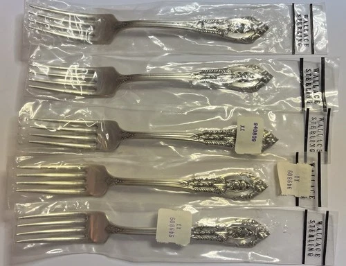 5 New Wallace Rose Point Sterling Silver Dinner Forks 7” Long 240 Grams