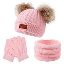 Kids Winter Beanie Hat Scarf Gloves Set Knit Warm Toddler Winter Light Pink