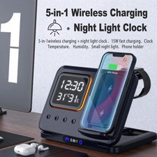 15W 5-in-1 Wireless Charger Stand with LED Alarm Clock