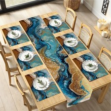 Abstract Table Runner and Placemats Set of 6, Blue  Gold Design, 1 Table Run...