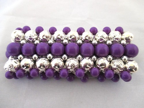 Purple Silver Stretch Bracelet Scrap Ditty Upcycled 1.5"w 7" unstretched - Picture 2 of 3