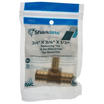 SharkBite UC412LFA 3/4'' x 3/4'' x 1/2'' PEX Hose Barb Reducing Tee Fitting, Brass