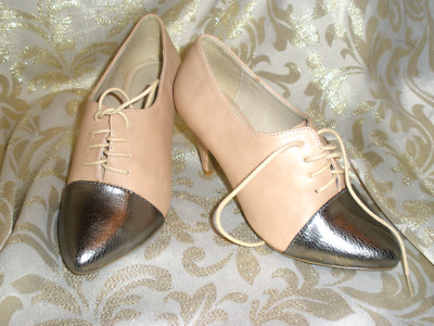 C-LABEL TAN BROWN FAUX LEATHER SPECTATR PUMPS OXFORD MULES LOAFERS HEELS VICKY 6