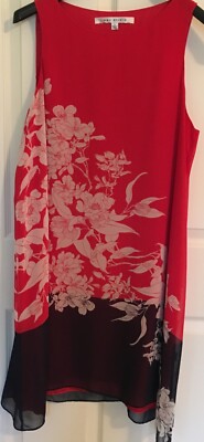 MaxStudio Size L Swing Red Dress w/Chiffon Overlay Color Block w/Floral Outline 