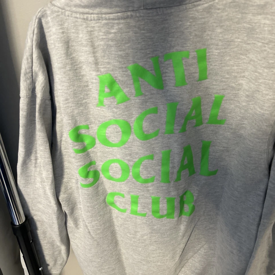 Y2K Men’s Anti Social Social Club Hoodie Gray And Neon Green Hoodie Size L Rare - Image 2 of 4