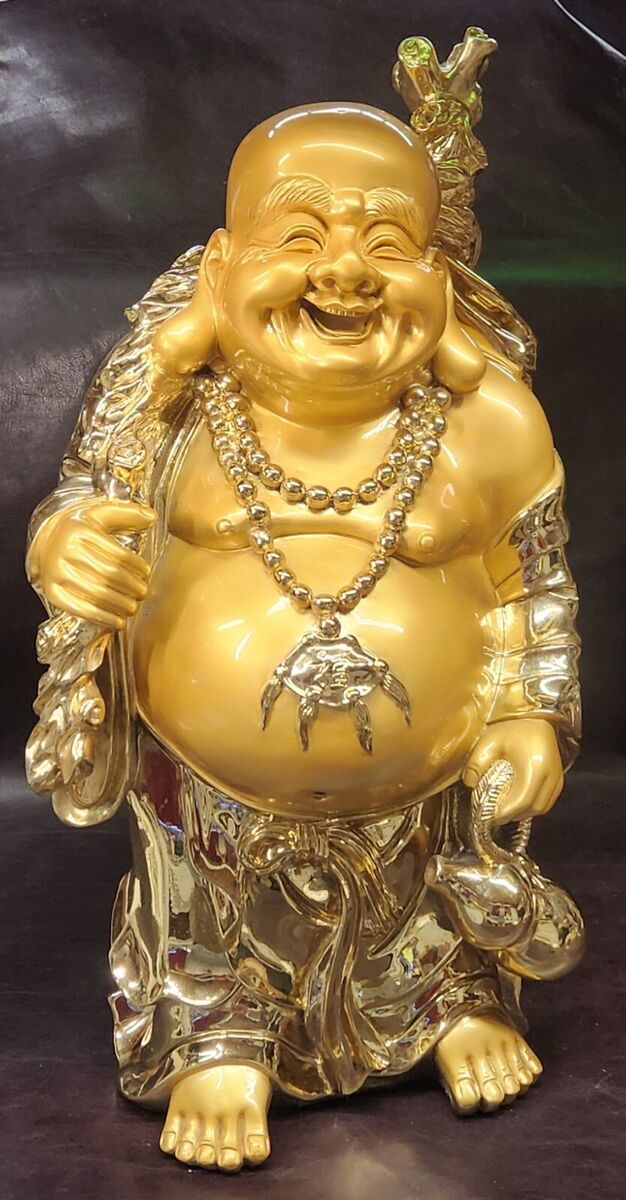 Amazing Large Vintage Laughing Buddha Statue, Shiny Gold Amazing Large Vintage Laughing Buddha Statue, Shiny Gold