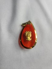 Red Multi-Faceted Gold Trim Cameo Pendant 1.25in Height