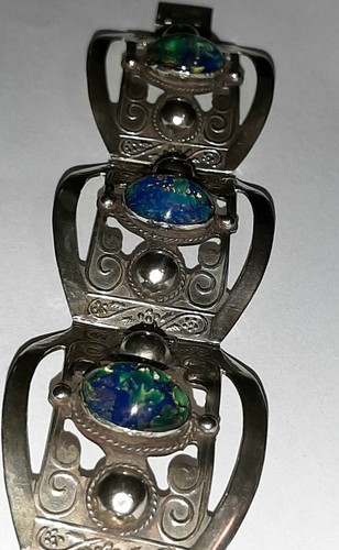 Vintage Taxco Handmade Sterling Silver Link Bracelet Dichroic Glass Size 7.5 in. - Picture 6 of 11
