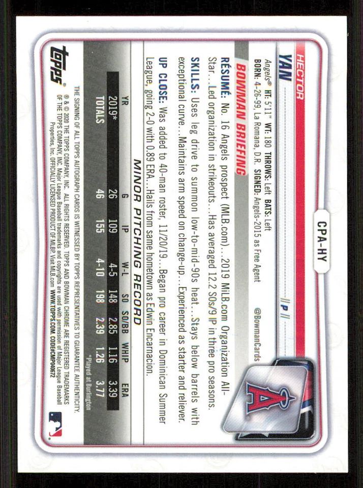 2020 Bowman Chrome Prospect AUTO #CPAHY Hector Yan - Image 2 of 2