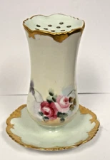 Antique Floral Porcelain Hat Pin Holder Pink Roses 16 Pinholes 4.5"  EEF 1908