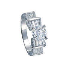 Sterling Silver Round  Baguette Cut CZ Stones Ring w/ 7mm 1.25 ct Center CZ