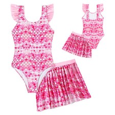 Kids Girl's Flying Sleeve Leotard with Skirt Set Bathing Suit Bodysuit Swimwear