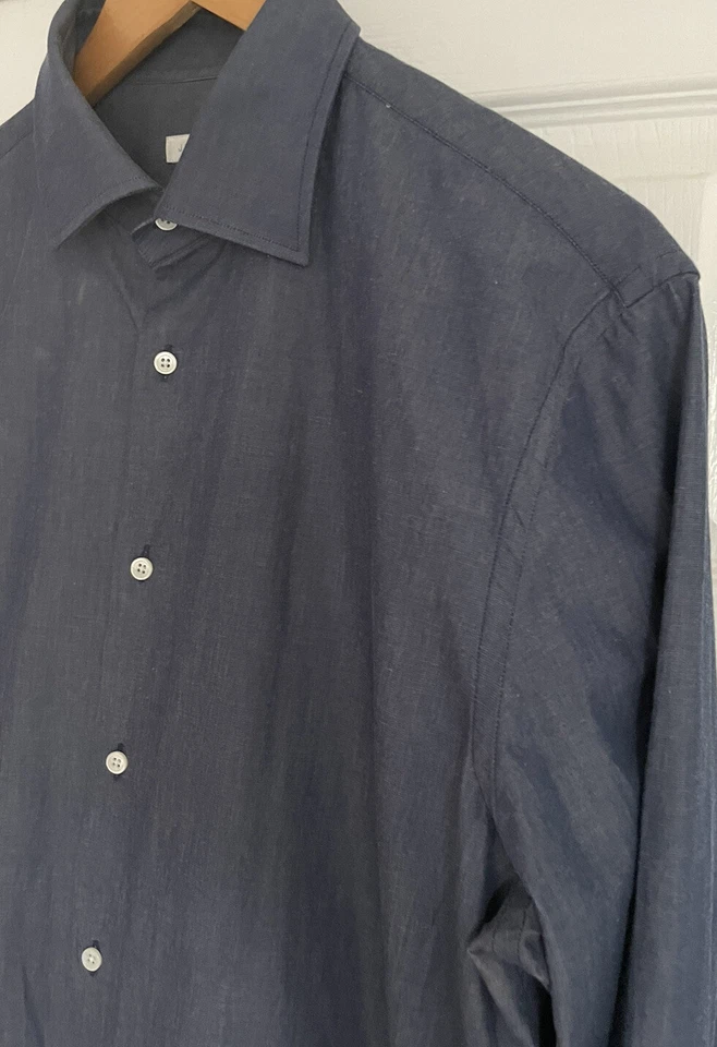 J.Lindeberg Hombres 16” Camisa de Vestir Azul Manga Larga Calce Ajustado Negocios Inteligente Formal Foto 3 de 4