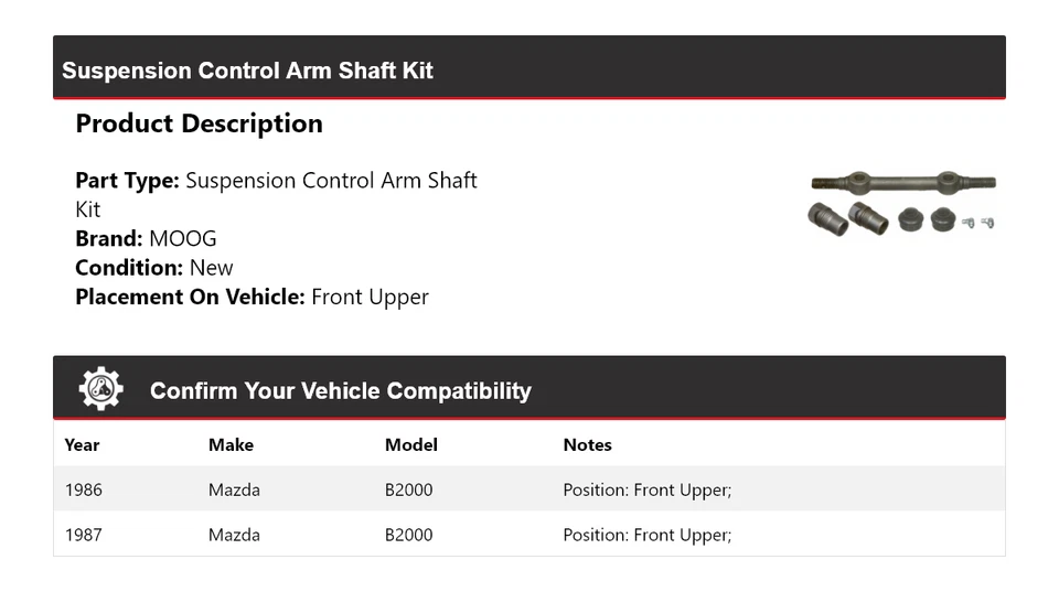 Kit de brazo de control de suspensión delantero superior MOOG para Mazda B2000 1986-1987 Foto 2 de 3
