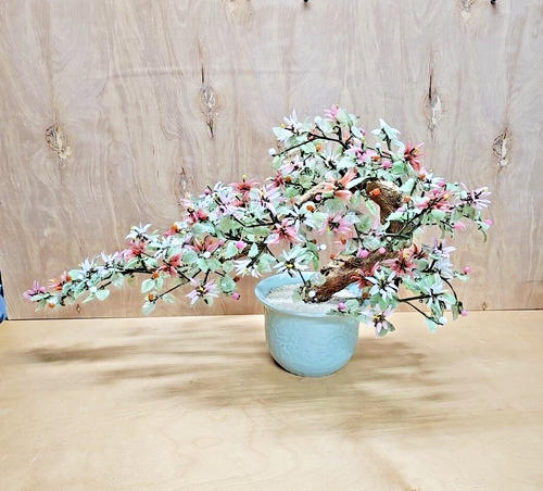 Vintage Chinese Jade Quartz Stone Glass Bonsai Tree Celadon Pot Estate - 第 1/16 張圖片