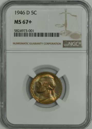 1946-D Jefferson Nickel 5c MS67+ Color NGC 945066-85