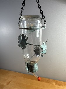 Vintage 1992 Hanging Hummingbird Feeder Glass with Copper Base 9.5" Metal Man