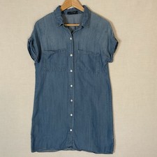 ZILCREMO Women Denim Dress Medium Blue cuffed Short Sleeve Button Down Pockets