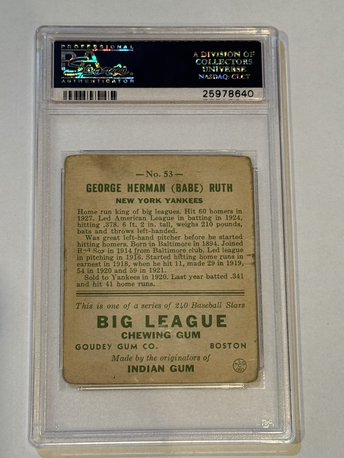 1933 Goudey Big League Chewing Gum R319 Babe Ruth, PSA 1 view 2