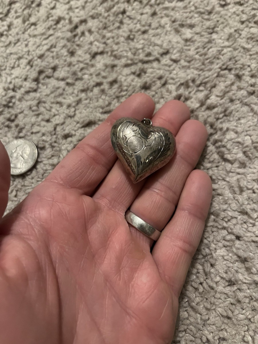 Vintage 925 Sterling Silver Puffy Heart Pendant Charm Etched