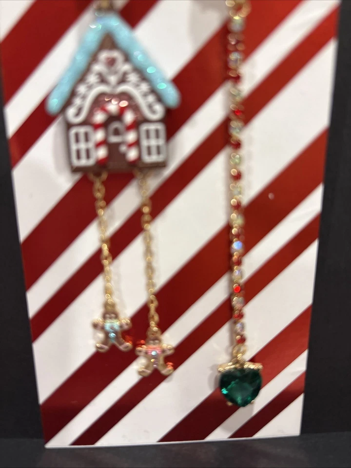 Betsey Johnson Jingle Bell Bling Gingerbread House Mismatch Boy Girl Earrings - Image 4 of 4
