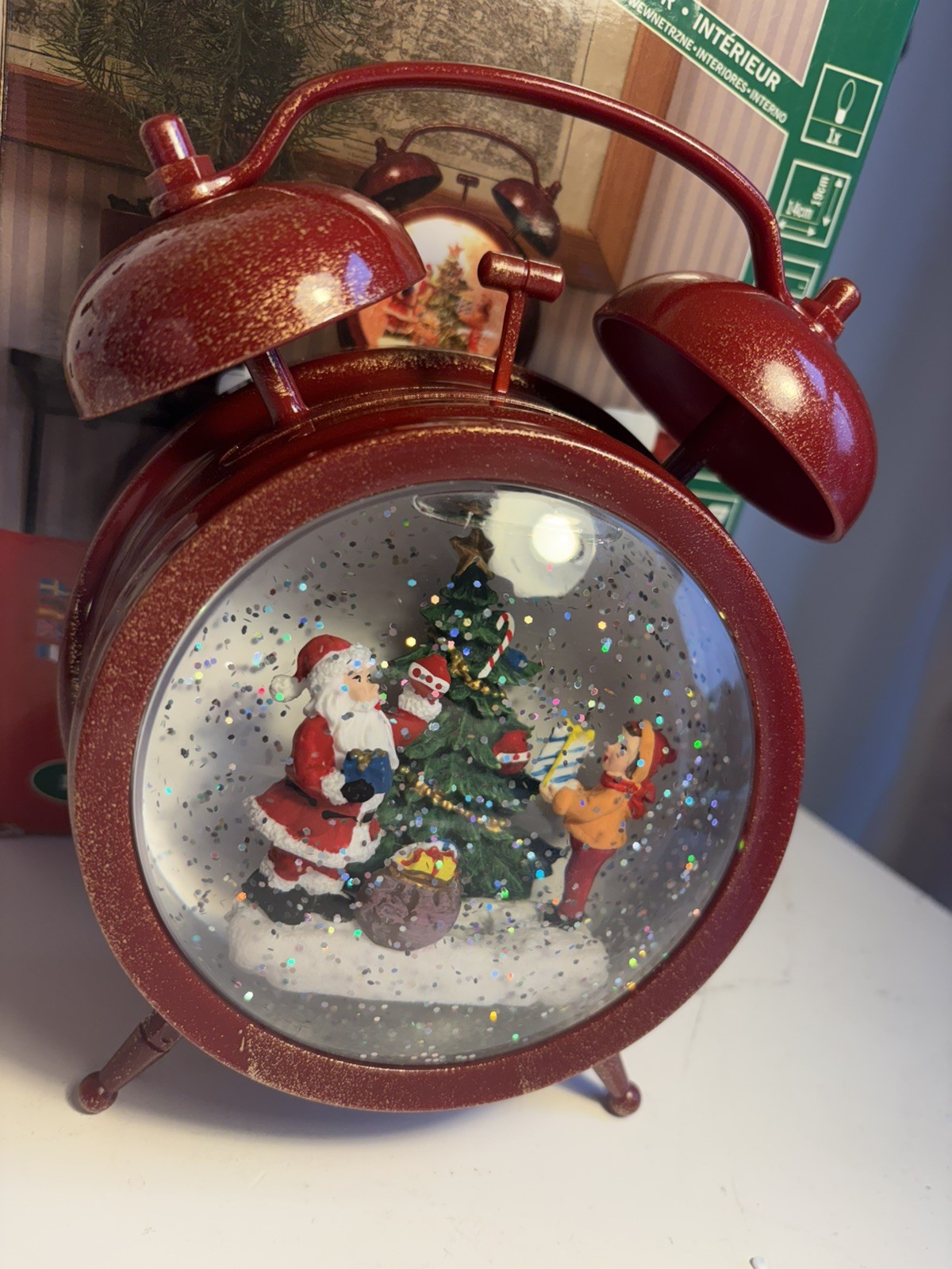 Christmas LED Snow Globe Lantern Alarm Clock with Santa And Child Scene, Wate...