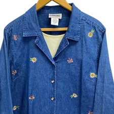 DONNKENNY CLASSICS Womens XL Blue Denim Embroidered Floral False Shirt Front VTG