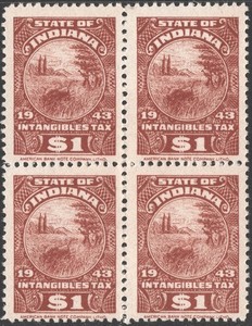 SRS IN D88 $1.00 Indiana Intangible Tax Revenue Block of Four (1943) MNH