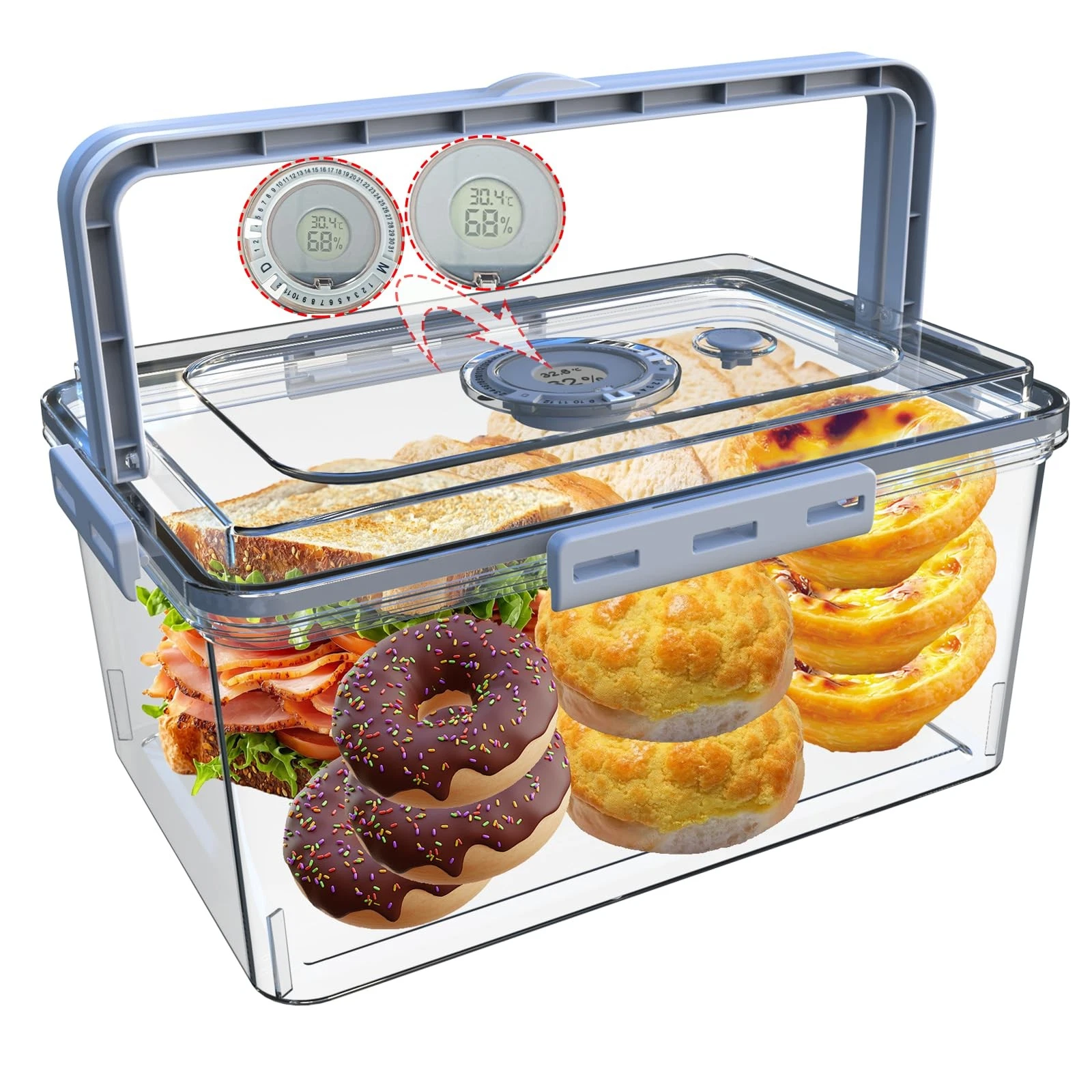 Bread With Digital Hygrometer, Portable Bread Boxes with Lid and Handle,New U...