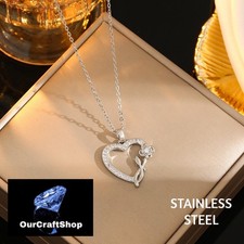 Cubic Zirconia Heart Rose Pendant Necklace Stainless Steel 14K White Gold