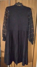 Nina Leonard Black Knit Long Sleeve A-Line Dress Lace Mock Neck Size M