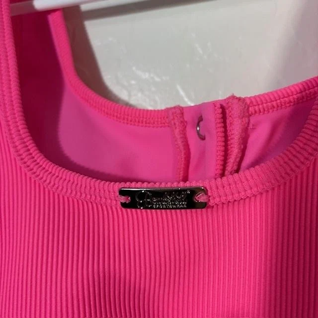 Bombshell Sportswear Sports Bra Womens Medium Pink Ribbed Tie Front Made USA - Image 4 of 4