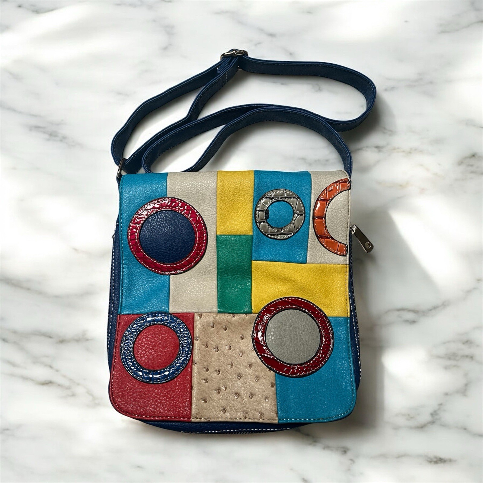 Colorful Patchwork PU Leather Blue Crossbody Mess… - image 3
