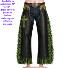 Black Leather Western Chaps Green Fringe Tooled Cross Yoke Oval Buckle Women