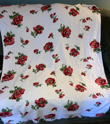 Piece Of Vintage Red Poppies White Background Floral Terrycloth Fabric 37 x 47 