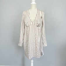 ASOS Striped Cutout Long sleeve Linen Blend Dress Ivory Burgundy Sz 12